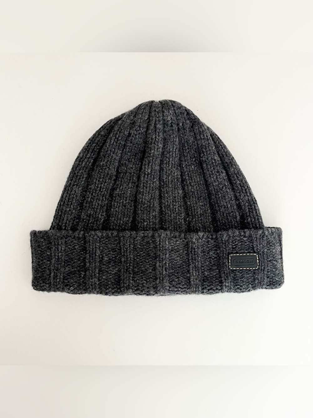 Vintage Coach Gray Knit Beanie Hat Ribbed Leather Logo Rayon Wool Cashmere Soft